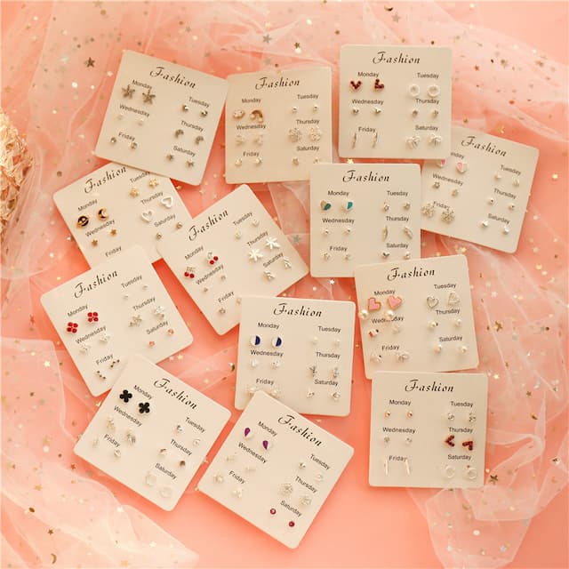 Universal earrings, set, zirconium, silver needle, Korean style