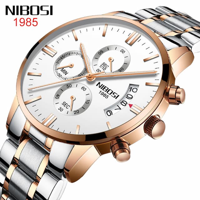 NIBOSI Men's solid steel belt, waterproof glossy swiss watch, glowing quartz watches